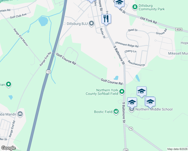 map of restaurants, bars, coffee shops, grocery stores, and more near 15 Golf Course Road in Dillsburg