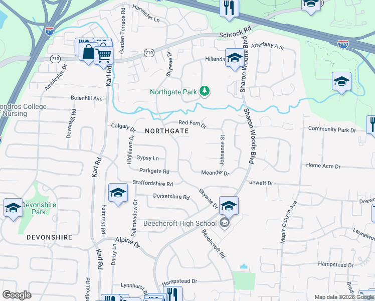 map of restaurants, bars, coffee shops, grocery stores, and more near 6437 Deer Ridge Lane in Columbus