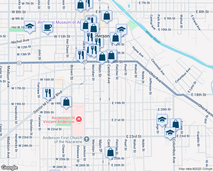 map of restaurants, bars, coffee shops, grocery stores, and more near 1629 Central Avenue in Anderson
