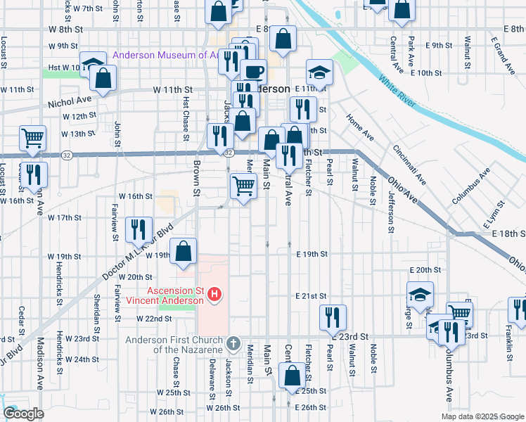 map of restaurants, bars, coffee shops, grocery stores, and more near 1619 Main Street in Anderson