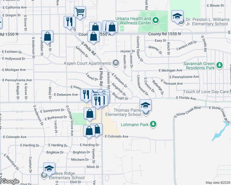 map of restaurants, bars, coffee shops, grocery stores, and more near 1509 Briarcliff Drive in Urbana