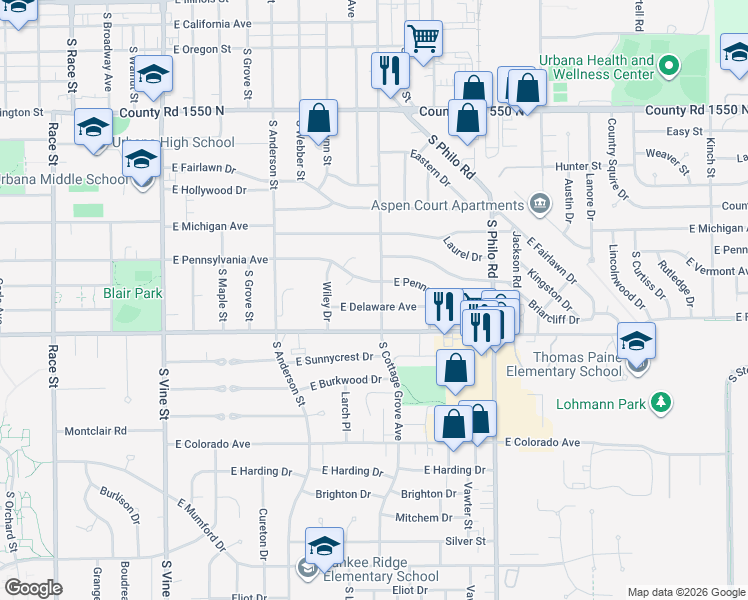 map of restaurants, bars, coffee shops, grocery stores, and more near 1102 East Delaware Avenue in Urbana