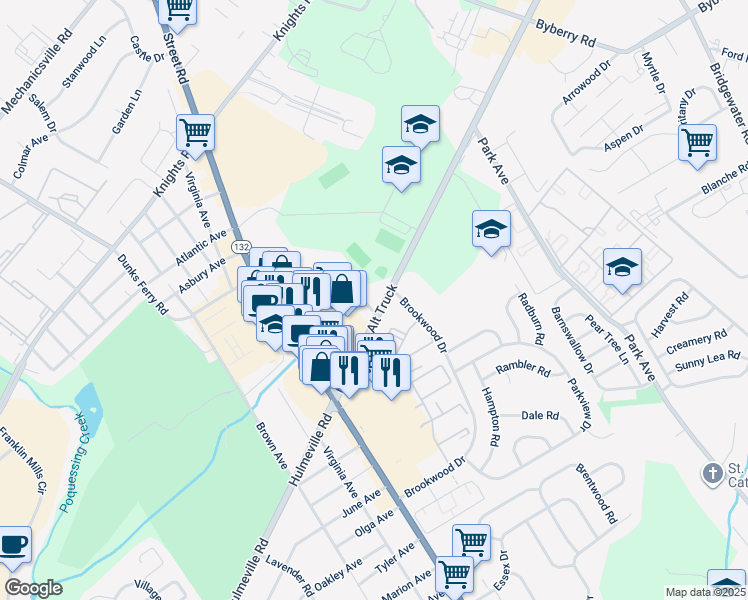 map of restaurants, bars, coffee shops, grocery stores, and more near 1919 Hansell Drive in Bensalem