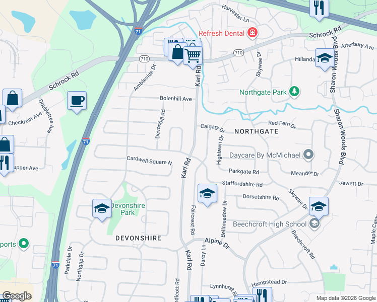 map of restaurants, bars, coffee shops, grocery stores, and more near 6471 Karl Road in Columbus