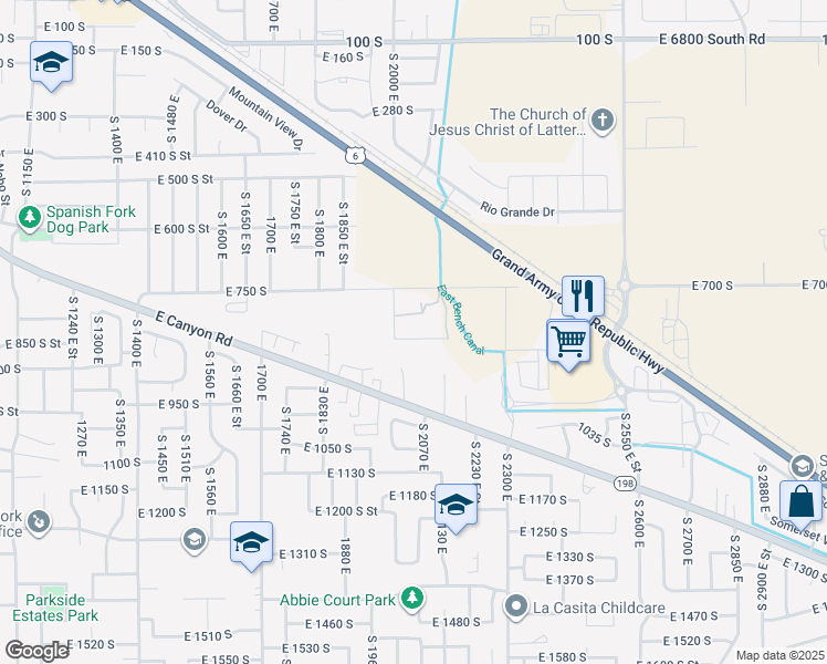 map of restaurants, bars, coffee shops, grocery stores, and more near 2037 East 800 South in Spanish Fork