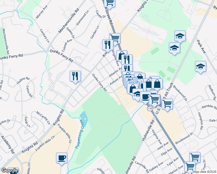 map of restaurants, bars, coffee shops, grocery stores, and more near 2725 Asbury Avenue in Bensalem