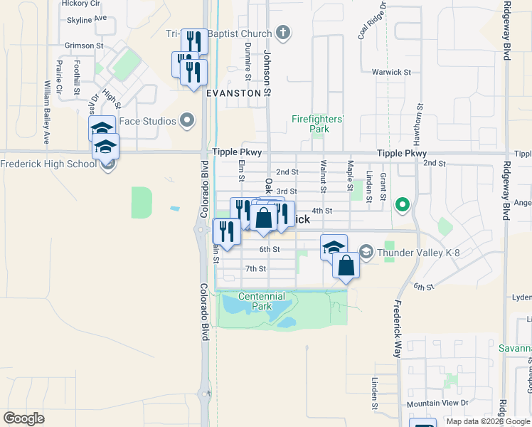 map of restaurants, bars, coffee shops, grocery stores, and more near 411 Oak Street in Frederick