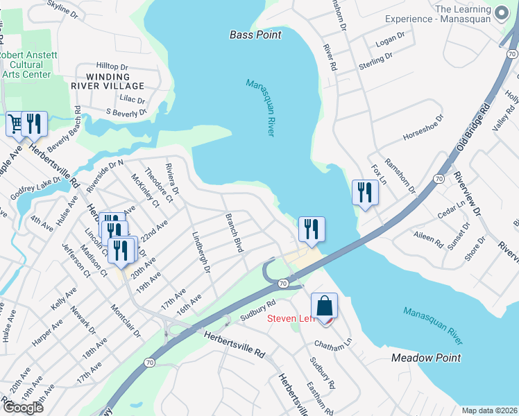 map of restaurants, bars, coffee shops, grocery stores, and more near 136 Riverside Drive North in Brick Township