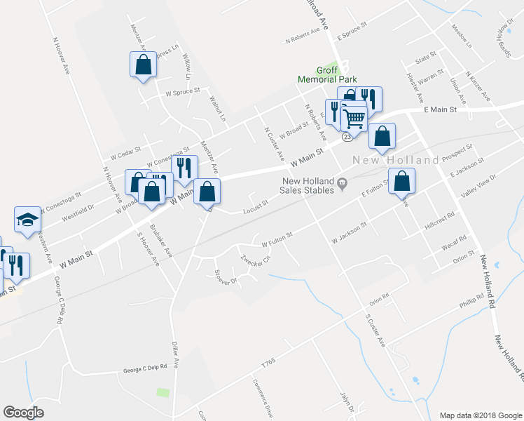 map of restaurants, bars, coffee shops, grocery stores, and more near 254 Locust Street in New Holland