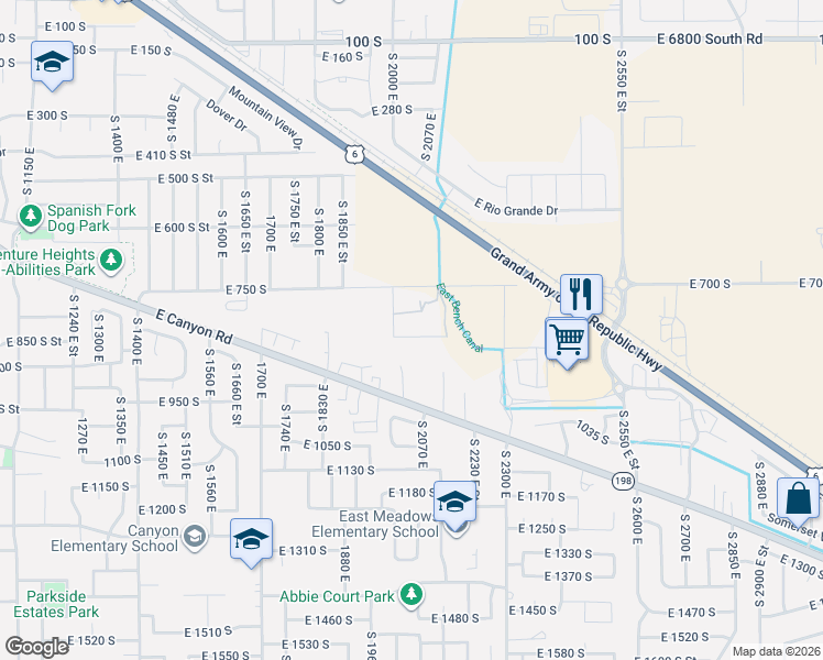 map of restaurants, bars, coffee shops, grocery stores, and more near 2037 East 800 South in Spanish Fork
