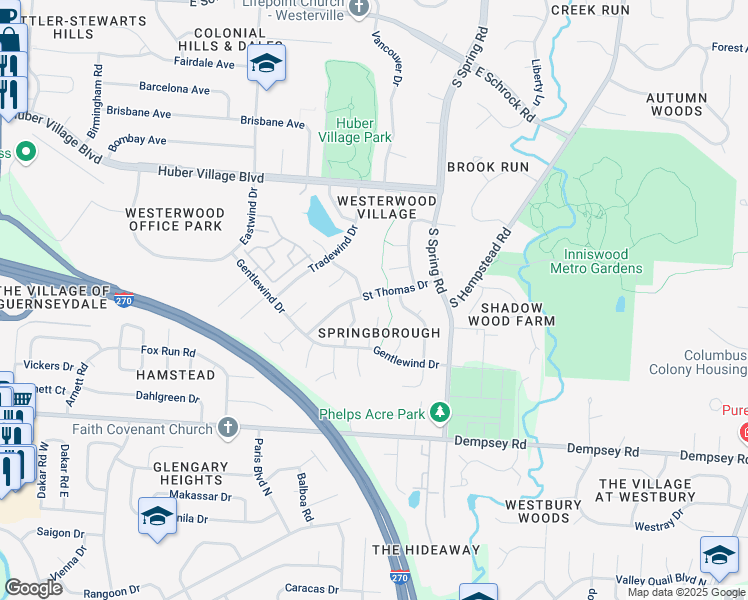 map of restaurants, bars, coffee shops, grocery stores, and more near 957 Timberbank Drive in Westerville