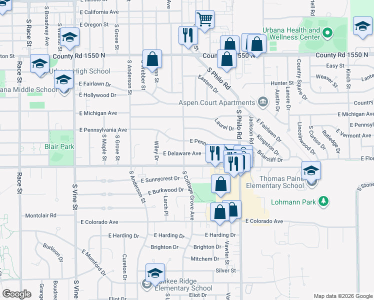 map of restaurants, bars, coffee shops, grocery stores, and more near 1102 East Delaware Avenue in Urbana