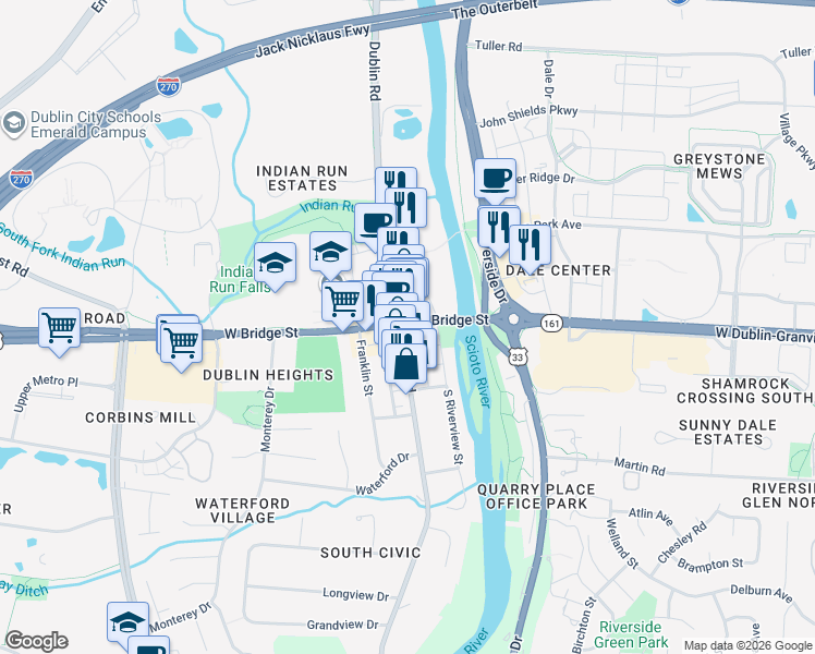 map of restaurants, bars, coffee shops, grocery stores, and more near 6 South High Street in Dublin