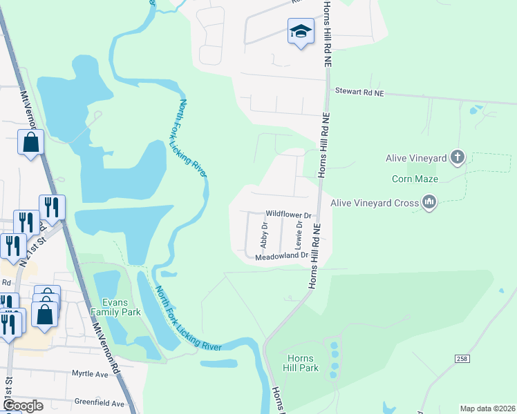 map of restaurants, bars, coffee shops, grocery stores, and more near 484 Wildflower Drive in Newark