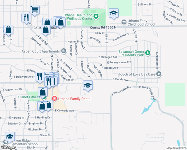 map of restaurants, bars, coffee shops, grocery stores, and more near 1601 South Curtiss Drive in Urbana