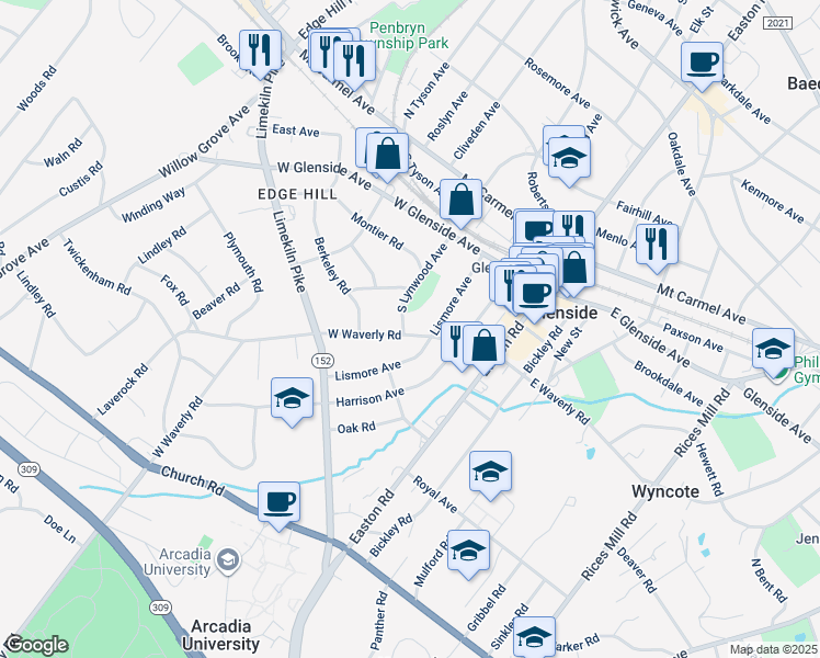 map of restaurants, bars, coffee shops, grocery stores, and more near 211 West Waverly Road in Glenside