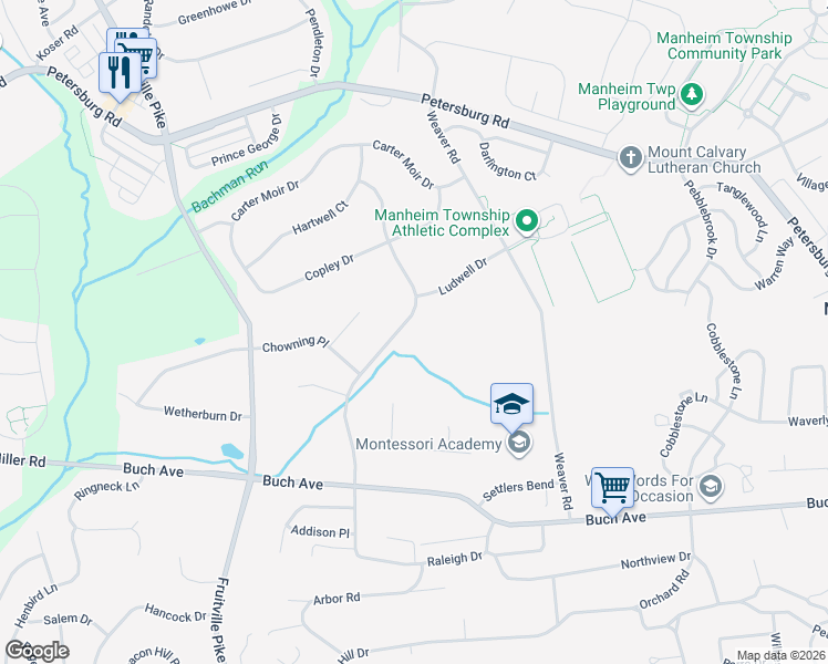 map of restaurants, bars, coffee shops, grocery stores, and more near 2461 Raleigh Dr in Lancaster