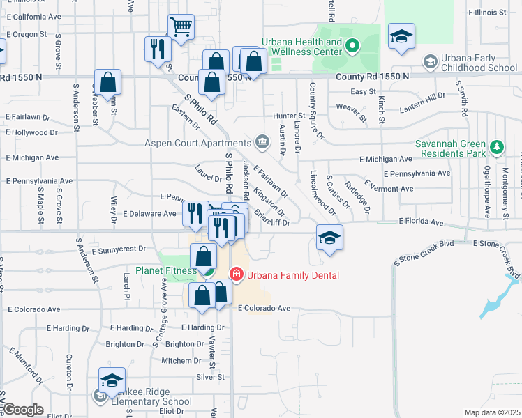 map of restaurants, bars, coffee shops, grocery stores, and more near 1509 Briarcliff Drive in Urbana