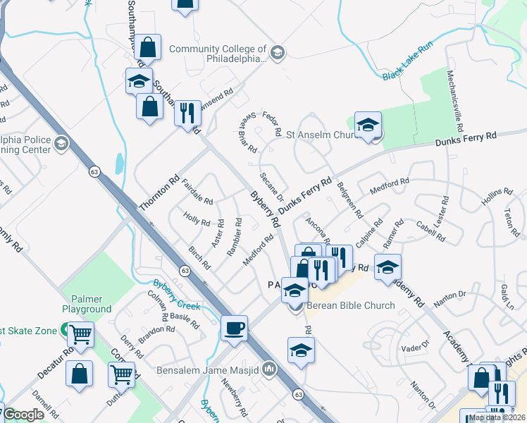 map of restaurants, bars, coffee shops, grocery stores, and more near 3122 Byberry Road in Philadelphia