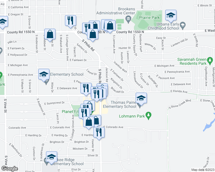 map of restaurants, bars, coffee shops, grocery stores, and more near 1509 Briarcliff Drive in Urbana