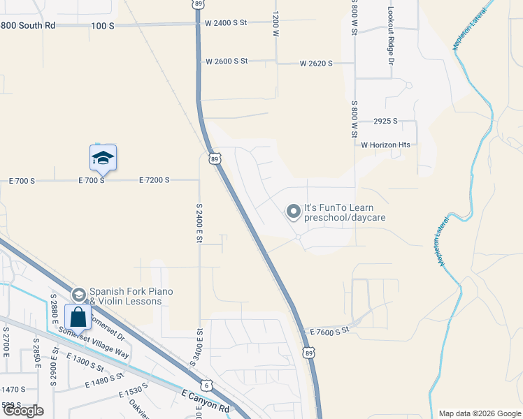 map of restaurants, bars, coffee shops, grocery stores, and more near 7125-7397 U.S. Highway 89 in Spanish Fork