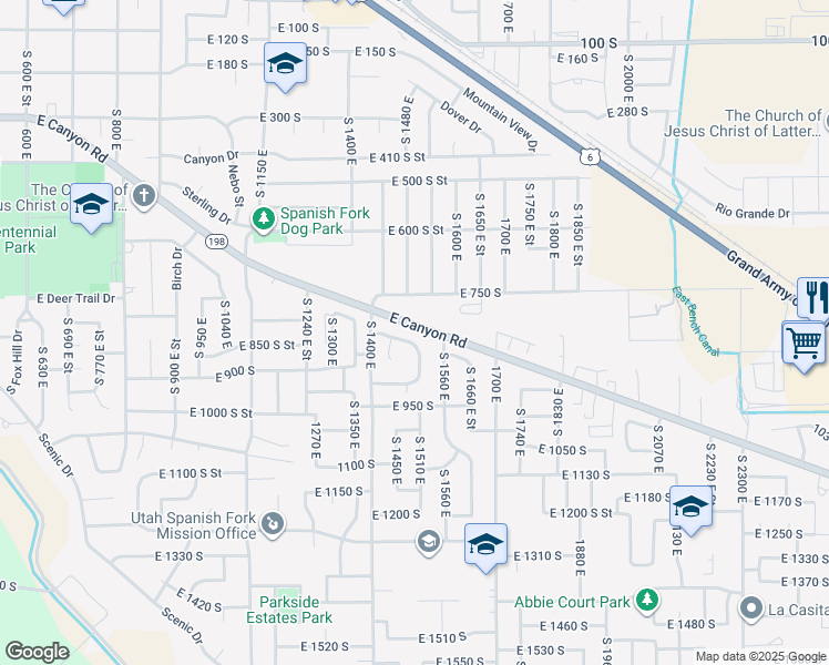 map of restaurants, bars, coffee shops, grocery stores, and more near 1507 East 820 South in Spanish Fork