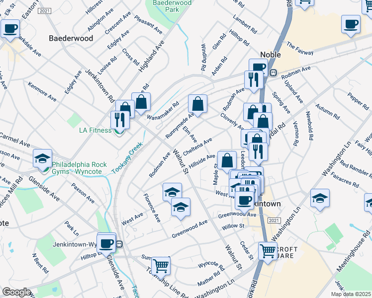 map of restaurants, bars, coffee shops, grocery stores, and more near 405 Cheltena Avenue in Jenkintown