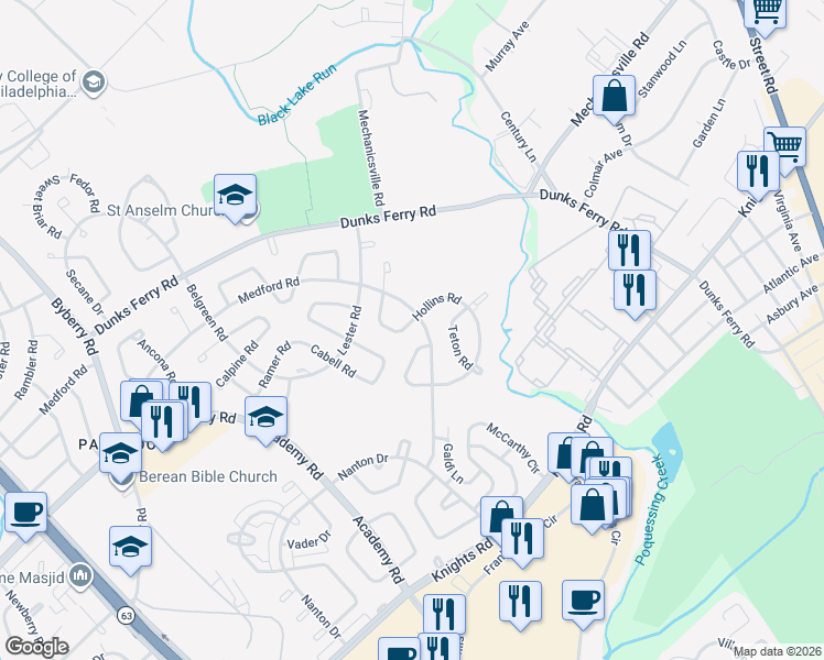map of restaurants, bars, coffee shops, grocery stores, and more near 12715 Hollins Road in Philadelphia