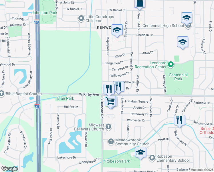 map of restaurants, bars, coffee shops, grocery stores, and more near 2906B Helen Court in Champaign