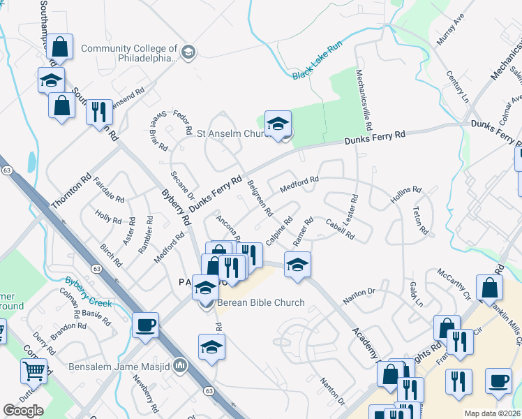 map of restaurants, bars, coffee shops, grocery stores, and more near 12600 Richton Road in Philadelphia