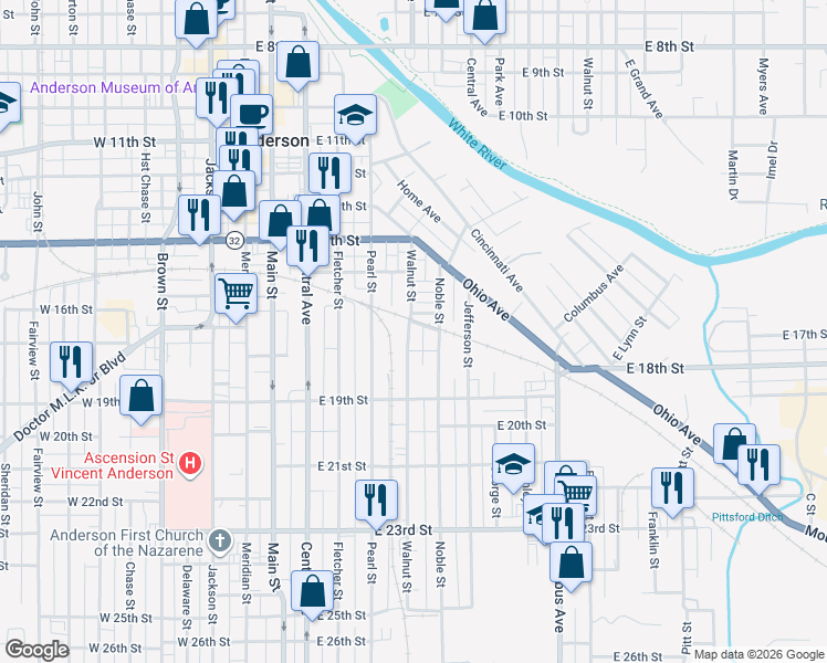 map of restaurants, bars, coffee shops, grocery stores, and more near 1616 Walnut Street in Anderson
