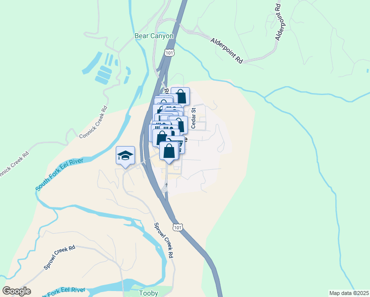 map of restaurants, bars, coffee shops, grocery stores, and more near 829 Locust Street in Garberville