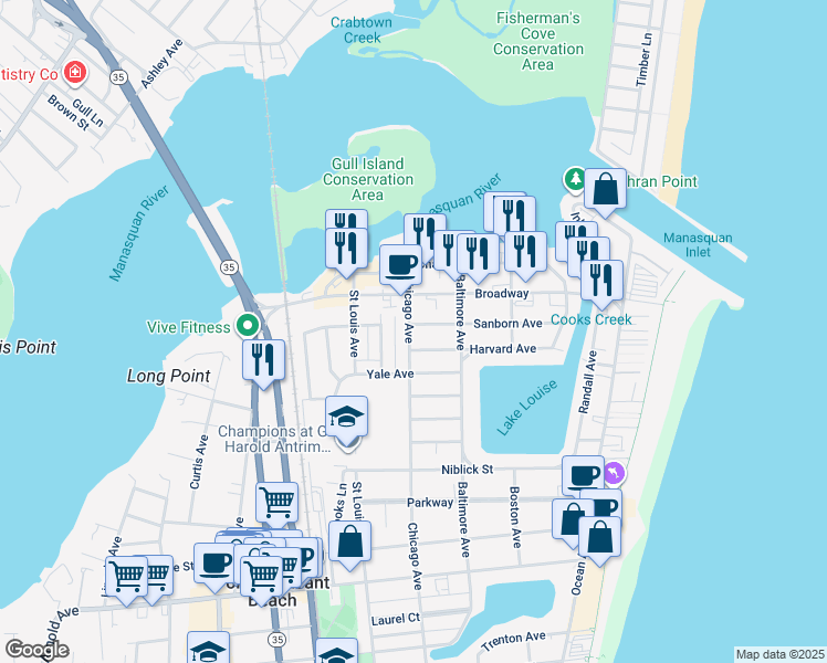 map of restaurants, bars, coffee shops, grocery stores, and more near 216 Chicago Avenue in Point Pleasant Beach