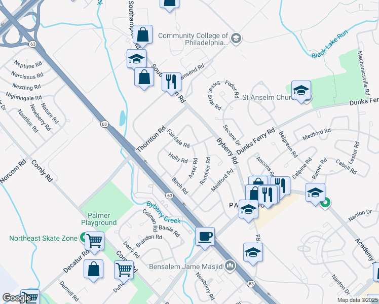 map of restaurants, bars, coffee shops, grocery stores, and more near 12216 Aster Road in Philadelphia
