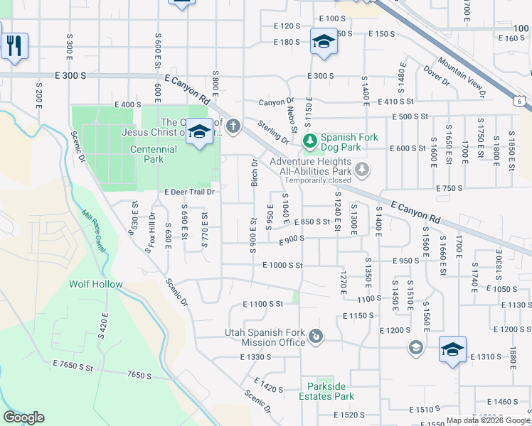 map of restaurants, bars, coffee shops, grocery stores, and more near 822 S 950 E in Spanish Fork