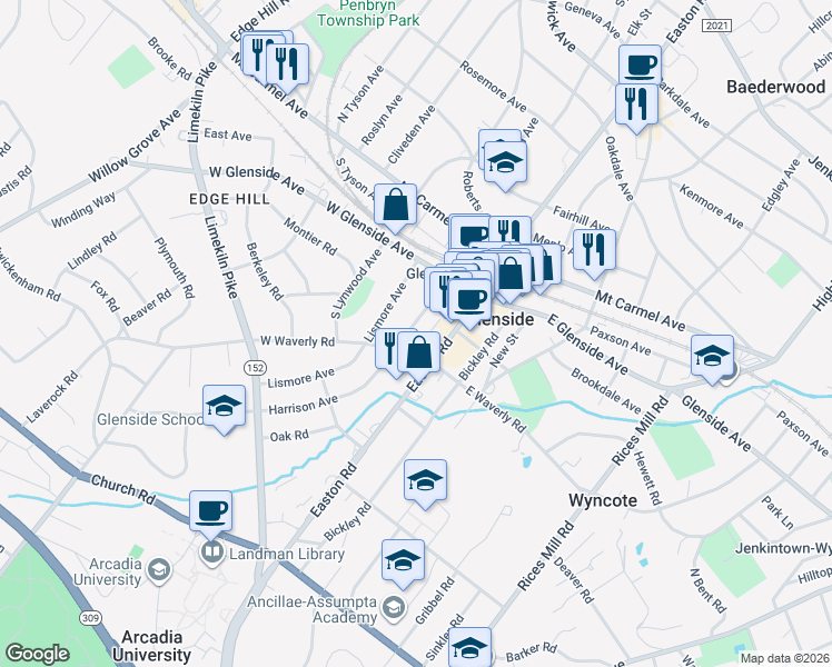 map of restaurants, bars, coffee shops, grocery stores, and more near 151 Harrison Avenue in Glenside