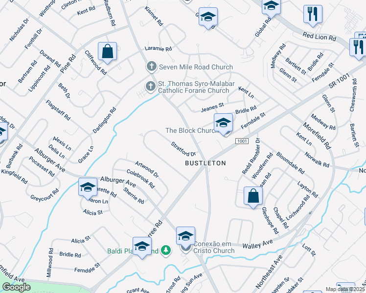 map of restaurants, bars, coffee shops, grocery stores, and more near 725 Stratford Drive in Philadelphia