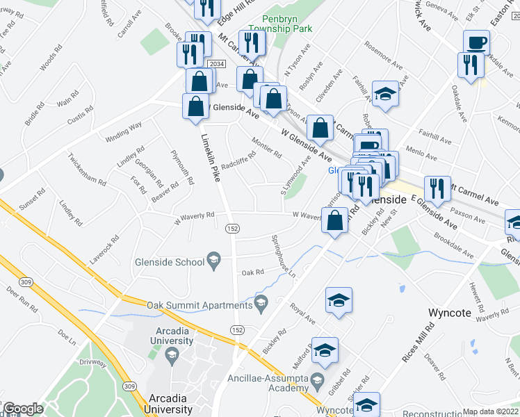 map of restaurants, bars, coffee shops, grocery stores, and more near 341 West Waverly Road in Glenside