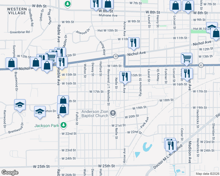 map of restaurants, bars, coffee shops, grocery stores, and more near 1616 Reverend J.T. Menifee Street in Anderson