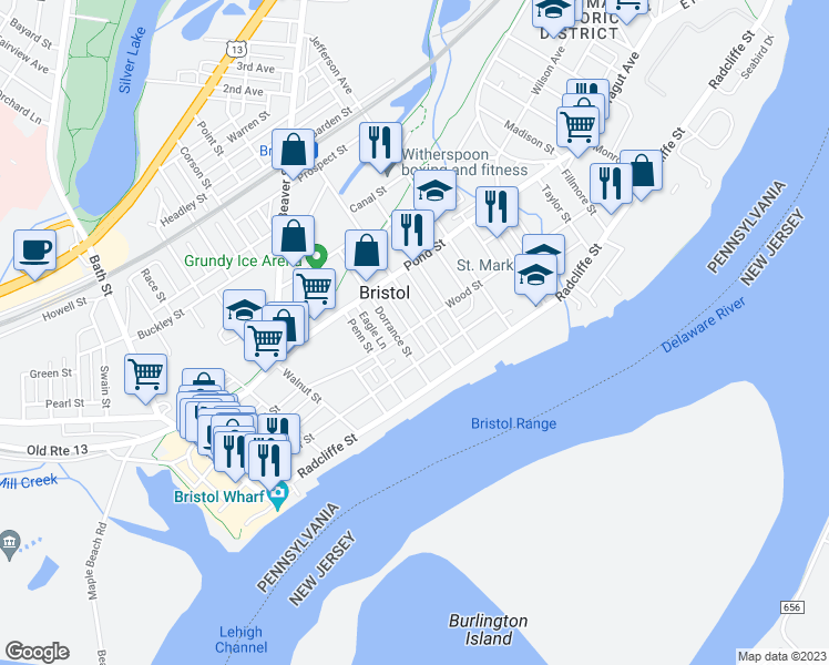 map of restaurants, bars, coffee shops, grocery stores, and more near 718 Wood Street in Bristol