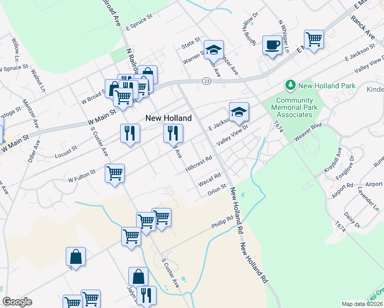 map of restaurants, bars, coffee shops, grocery stores, and more near 320 Ridge Ave in New Holland