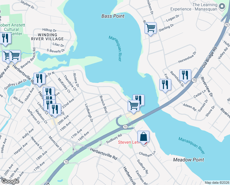 map of restaurants, bars, coffee shops, grocery stores, and more near 136 Riverside Drive North in Brick Township
