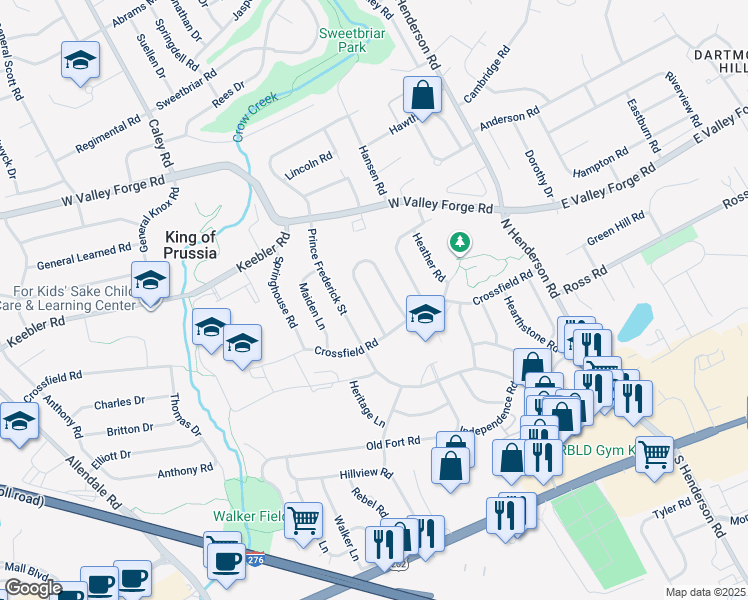map of restaurants, bars, coffee shops, grocery stores, and more near 361 West Signal Hill Road in King of Prussia