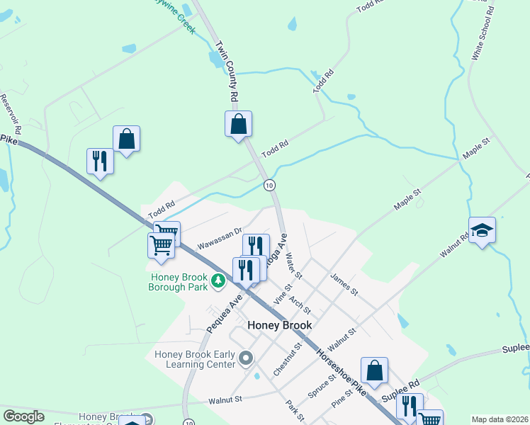map of restaurants, bars, coffee shops, grocery stores, and more near 400 Wawassan Drive in Honey Brook