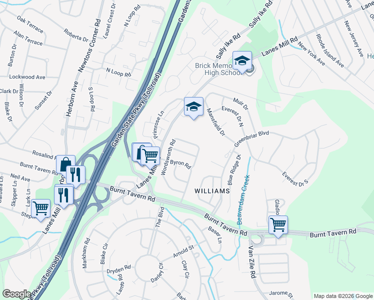 map of restaurants, bars, coffee shops, grocery stores, and more near 14 Shelley Road in Brick Township
