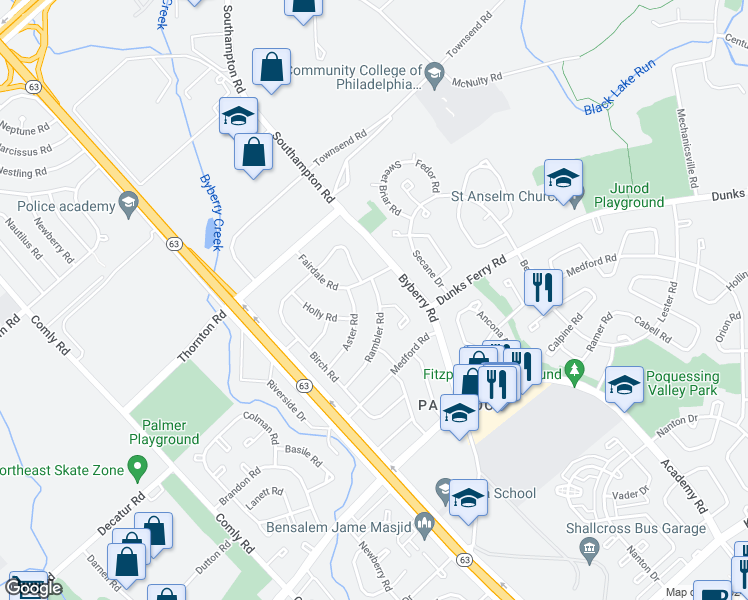 map of restaurants, bars, coffee shops, grocery stores, and more near 12246 Rambler Road in Philadelphia