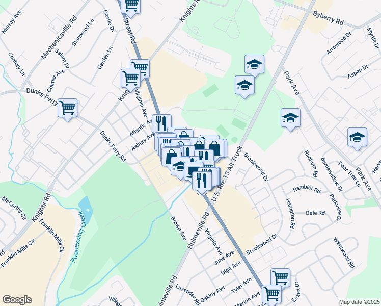 map of restaurants, bars, coffee shops, grocery stores, and more near 2073 Hansell Drive in Bensalem