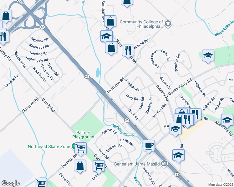map of restaurants, bars, coffee shops, grocery stores, and more near 12122 Sweet Briar Road in Philadelphia