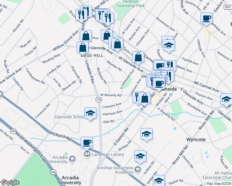 map of restaurants, bars, coffee shops, grocery stores, and more near 341 West Waverly Road in Glenside