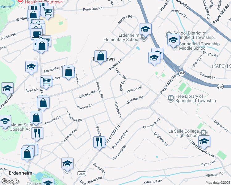 map of restaurants, bars, coffee shops, grocery stores, and more near 902 Harston Lane in Erdenheim